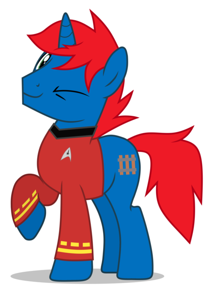 Size: 3137x4260 | Tagged: safe, artist:creedyboy124, derpibooru import, oc, oc:train track, unofficial characters only, pony, unicorn, clothes, image, looking at you, male, one eye closed, png, scotty, smiling, solo, stallion, star trek, uniform, vector, wink, winking at you