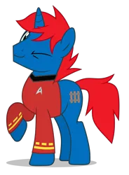 Size: 3137x4260 | Tagged: safe, artist:creedyboy124, derpibooru import, oc, oc:train track, unofficial characters only, pony, unicorn, clothes, image, looking at you, male, one eye closed, png, scotty, smiling, solo, stallion, star trek, uniform, vector, wink, winking at you