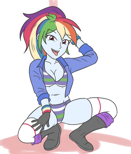 Size: 3486x4096 | Tagged: suggestive, artist:sumin6301, derpibooru import, rainbow dash, human, equestria girls, arm behind head, boots, bra, breasts, busty rainbow dash, cleavage, clothes, eyebrows, eyebrows visible through hair, female, gloves, hand on leg, hand on thigh, high res, image, jacket, jpeg, looking at you, open mouth, open smile, panties, ponytail, seductive, seductive look, shoes, simple background, smiling, smiling at you, socks, solo, solo female, spread legs, spreading, squatting, striped bra, striped panties, striped underwear, stupid sexy rainbow dash, sweatband, tongue out, underwear, white background, white socks