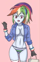 Size: 1806x2800 | Tagged: suggestive, artist:sumin6301, derpibooru import, rainbow dash, human, equestria girls, bag, belly button, braless, breasts, busty rainbow dash, cleavage, clothes, eyebrows, eyebrows visible through hair, female, gloves, high res, image, jacket, jpeg, looking at you, open mouth, panties, pink background, pointing, ponytail, simple background, socks, solo, solo female, striped panties, striped underwear, stupid sexy rainbow dash, sweatband, underwear, white socks