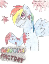 Size: 900x1173 | Tagged: semi-grimdark, artist:rakesuk, derpibooru import, rainbow dash, pony, fanfic:rainbow factory, blood, fanfic art, image, jpeg, solo, traditional art