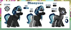 Size: 12051x5154 | Tagged: suggestive, artist:jennieoo, derpibooru import, oc, oc:dionysus(fudgey), earth pony, pony, clothes, coat, gas mask, image, latex, latex suit, looking at you, mask, png, reference sheet, rubber, rubber suit, smiling, smiling at you, smug, solo