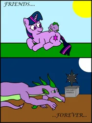 Size: 1024x1363 | Tagged: safe, artist:rakesuk, derpibooru import, spike, twilight sparkle, dragon, pony, unicorn, comic, female, gravestone, image, implied death, mare, moon, mortal twilight, night, older, png, younger