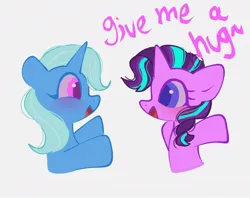 Size: 1024x810 | Tagged: safe, artist:petaltwinkle, derpibooru import, starlight glimmer, trixie, pony, unicorn, cute, duo, female, image, incoming hug, jpeg, looking at each other, looking at someone, mare, open mouth, open smile, simple background, smiling, white background