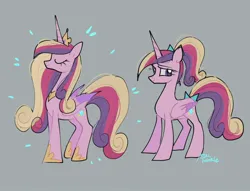 Size: 1024x782 | Tagged: safe, artist:petaltwinkle, derpibooru import, princess cadance, alicorn, earth pony, pony, age progression, bow, duo, eyes closed, female, gray background, hair bow, image, jpeg, mare, older, signature, simple background, smiling, solo, tail, tail bow, teen princess cadance