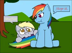 Size: 1023x754 | Tagged: safe, artist:rakesuk, derpibooru import, derpy hooves, rainbow dash, pegasus, pony, biting, duo, female, image, jpeg, mare, nom, rainbow dash is not amused, scrunchy face, sitting, tail, tail bite, unamused