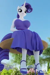Size: 3840x5760 | Tagged: safe, alternate version, artist:hunterz263, derpibooru import, rarity, anthro, plantigrade anthro, unicorn, 3d, 5k, blender, breasts, busty rarity, clothes, dress, feet, flower, high heels, image, looking at you, nexgen, not sfm, outdoors, png, shoes, table, tree
