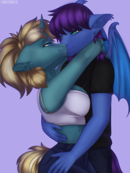 Size: 1620x2160 | Tagged: safe, artist:enderbee, derpibooru import, oc, oc:keygun, oc:maple parapet, unofficial characters only, anthro, bat pony, arms around neck, bra, bra strap, clothes, exposed belly, image, kissing, png, underwear