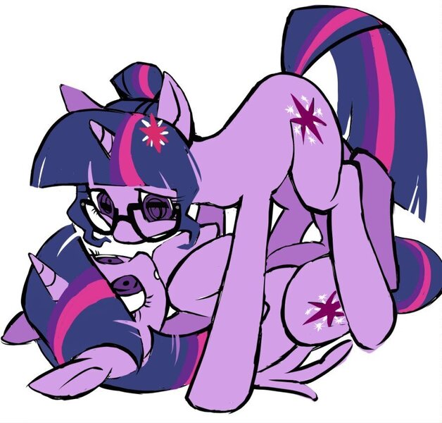 Size: 886x846 | Tagged: safe, artist:qianjibahe, derpibooru import, sci-twi, twilight sparkle, twilight sparkle (alicorn), alicorn, pony, duo, duo female, female, glasses, image, jpeg, looking at each other, looking at someone, mare, self paradox, self ponidox, simple background, white background