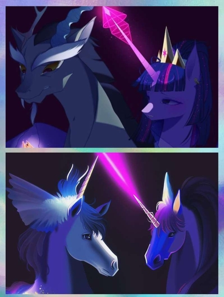 Size: 719x952 | Tagged: safe, artist:clefficia, derpibooru import, machine learning generated, discord, twilight sparkle, twilight sparkle (alicorn), alicorn, horse, pony, twilight's kingdom, ai content, antlers, crown, female, generator:different dimension me, glow, glowing horn, hoers, horn, image, jewelry, jpeg, looking at each other, looking at someone, male, mare, medallion, necklace, qq小世界, regalia, teary eyes, transformation