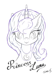 Size: 2481x3508 | Tagged: safe, artist:memprices, derpibooru import, princess luna, alicorn, pony, bust, crown, image, jewelry, lineart, looking at you, pencil drawing, png, portrait, regalia, signature, simple background, smiling, smiling at you, text, traditional art, white background, wip