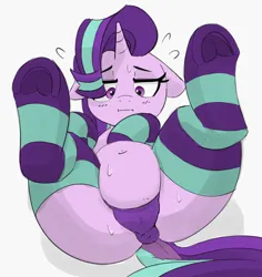 Size: 2638x2789 | Tagged: suggestive, artist:pabbley, color edit, derpibooru import, edit, starlight glimmer, pony, unicorn, :i, anatomically correct, anus cameltoe, belly, belly button, butt, cameltoe, chubby, clothes, colored, dock, female, fluffy, glimmer glutes, horn, image, legs in air, looking down, lying down, mare, nudity, on back, plot, png, pubic mound, purple panties, simple background, socks, solo, solo female, spread legs, spreading, striped socks, tail, underhoof, underwear, vulva, white background