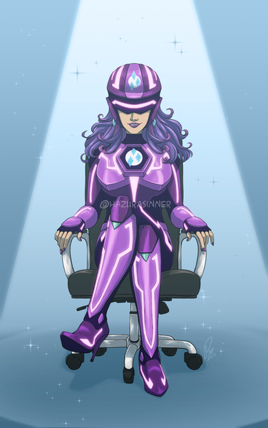 Size: 951x1518 | Tagged: safe, artist:hazurasinner, derpibooru import, rarity, human, armor, body armor, boots, chair, clothes, commission, crossed legs, female, helmet, high heels, humanized, image, jpeg, office chair, shoes, smiling, solo, visor