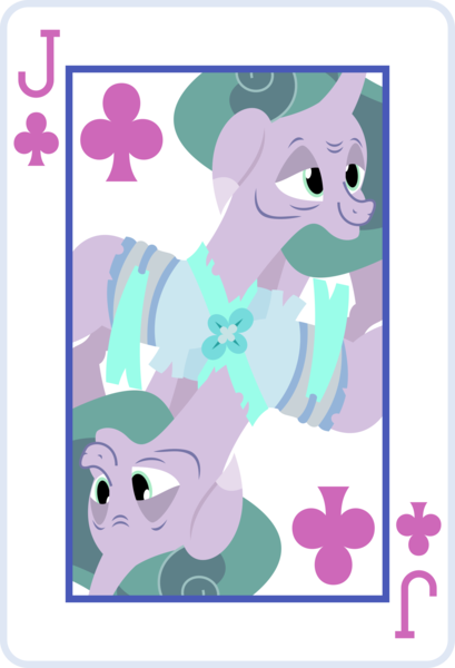 Size: 2000x2936 | Tagged: safe, artist:parclytaxel, derpibooru import, part of a set, mistmane, pony, unicorn, clothes, curved horn, elderly, female, horn, image, jack of clubs, lineless, mare, playing card, png, rotational symmetry, skat, smiling, solo, vector