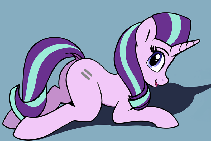 Size: 1014x676 | Tagged: safe, artist:truedepressed, derpibooru import, machine learning assisted, starlight glimmer, pony, unicorn, blue background, butt, dock, female, image, looking at you, mare, plot, png, simple background, smiling, solo, tail