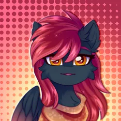 Size: 2500x2500 | Tagged: safe, artist:leah minik, derpibooru import, oc, oc:storm sketch, unofficial characters only, pegasus, pony, chest fluff, clothes, colored wings, commission, ear fluff, gradient background, image, looking at you, male, multicolored wings, png, scarf, solo, stallion, wings, ych result