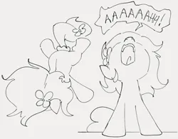Size: 1029x802 | Tagged: safe, artist:dotkwa, derpibooru import, oc, oc:kayla, unofficial characters only, earth pony, pony, flower, flower in hair, gray background, grayscale, image, monochrome, nose in the air, open mouth, png, screaming, simple background, solo