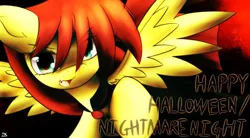 Size: 1960x1080 | Tagged: safe, artist:dshou, derpibooru import, oc, oc:shooting star, unofficial characters only, pegasus, pony, caption, fangs, halloween, happy halloween, holiday, image, jpeg, nightmare night, solo, text, vampire costume
