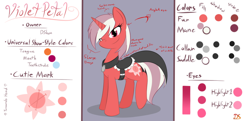 Size: 1420x700 | Tagged: safe, artist:dshou, derpibooru import, oc, oc:violet petal, unofficial characters only, pony, unicorn, bio in description, collar, female, horn, image, jpeg, mare, reference sheet, saddle, solo, story included, tack, unicorn oc