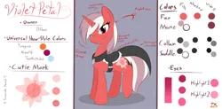 Size: 1420x700 | Tagged: safe, artist:dshou, derpibooru import, oc, oc:violet petal, unofficial characters only, pony, unicorn, bio in description, collar, female, horn, image, jpeg, mare, reference sheet, saddle, solo, story included, tack, unicorn oc