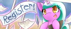 Size: 640x267 | Tagged: safe, artist:dshou, derpibooru import, oc, oc:mane event, unofficial characters only, pony, unicorn, bronycon, banner, bust, clipboard, female, glow, glowing horn, horn, image, jpeg, mare, open mouth, quill, smiling, solo