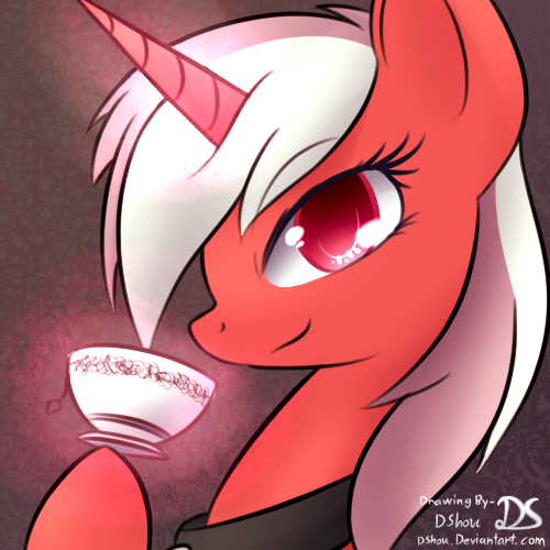 Size: 500x500 | Tagged: safe, artist:dshou, derpibooru import, oc, oc:violet petal, unofficial characters only, pony, unicorn, bust, collar, cup, female, image, jpeg, looking at you, mare, portrait, solo, teacup