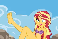 Size: 1079x719 | Tagged: suggestive, artist:robertsonskywa1, derpibooru import, sunset shimmer, human, equestria girls, almost nude, belly button, bottomless, bra, breasts, clothes, feet, female, half naked, happy, image, legs, nudity, partial nudity, png, redraw, scene interpretation, seashell, seashell bra, sexy, sitting, smiling, solo, solo female, stupid sexy sunset shimmer, the little mermaid, underwear