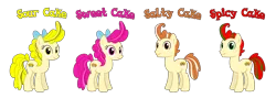 Size: 10088x3601 | Tagged: source needed, safe, anonymous artist, derpibooru import, oc, oc:salty cake, oc:sour cake, oc:spicy cake, oc:sweet cake, unofficial characters only, earth pony, pony, absurd resolution, accessory, bow, brother, brother and sister, brothers, description is relevant, eyelashes, family, female, hair bow, happy, image, looking, looking at you, male, mare, name, nostrils, offspring, parent:pound cake, parent:pumpkin cake, parents:caketwincest, png, product of incest, quadruplets, siblings, simple background, sister, sisters, smiling, stallion, standing, story included, text, transparent background