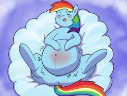Size: 1600x1200 | Tagged: suggestive, artist:alvro, derpibooru import, rainbow dash, pegasus, pony, belly, belly blush, big belly, blush lines, blushing, chubby, cloud, eyes closed, fat, hoof on belly, image, looking pleasured, motion lines, on a cloud, open mouth, png, sky, spread legs, spreading, stuffed, stuffed belly