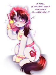 Size: 1779x2360 | Tagged: safe, artist:vaiola, derpibooru import, oc, oc:mistress ecstacy, unofficial characters only, unicorn, bib, big eyes, blush lines, blushing, bonnet, boots, clothes, commission, diaper, diaper fetish, embarrassed, fetish, heart, horn, image, long hair, long mane, non-baby in diaper, panicking, phone, png, poofy diaper, shoes, simple background, sitting, socks, solo, sparkles, speech bubble, talking, text, white background