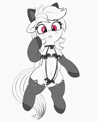 Size: 1500x1852 | Tagged: suggestive, artist:pabbley, derpibooru import, rainbow dash, pegasus, pony, bell, belly button, black and white, cat bell, cat ears, cat lingerie, cat socks, clothes, explicit source, female, floppy ears, grayscale, image, jpeg, lingerie, mare, monochrome, open mouth, partial color, simple background, socks, stockings, thigh highs, thighs, thunder thighs, white background, wide hips