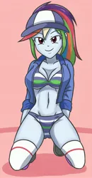Size: 2004x3840 | Tagged: suggestive, artist:sumin6301, derpibooru import, rainbow dash, human, equestria girls, belly button, bra, breasts, busty rainbow dash, cleavage, clothes, eyebrows, eyebrows visible through hair, female, happy, hat, high res, image, jacket, jpeg, kneeling, looking at you, no pants, panties, pink background, ponytail, seductive, seductive look, simple background, smiling, smiling at you, socks, solo, solo female, striped bra, striped panties, striped underwear, stupid sexy rainbow dash, underwear, white socks