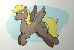 Size: 1280x859 | Tagged: safe, artist:darkhestur, derpibooru import, derpy hooves, flying, g1 style, image, marker drawing, png, pony only, simple background, spread wings, traditional art, wall eyed, wings