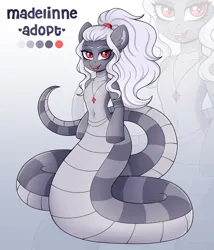 Size: 3405x3973 | Tagged: safe, artist:madelinne, derpibooru import, oc, unofficial characters only, lamia, original species, adoptable, adoptable open, adoption, belly button, image, jewelry, long hair, necklace, png, red eyes, reference sheet, solo, white hair, zoom layer