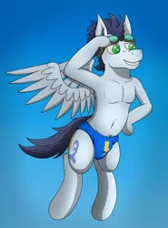 Size: 3600x4856 | Tagged: suggestive, artist:tacomytaco, derpibooru import, soarin', pegasus, pony, belly button, bipedal, blue underwear, briefs, clothes, crotch bulge, flying, goggles, goggles on head, gradient background, image, male, partial nudity, png, smiling, solo, solo male, speedo, spread wings, topless, underwear, wings