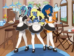 Size: 6000x4575 | Tagged: safe, artist:jennieoo, derpibooru import, oc, oc:azure/sapphire, oc:cold front, oc:disty, unofficial characters only, equestria girls, clothes, crossdressing, femboy, heart hands, image, lolita fashion, maid, maid cafe, male, one eye closed, png, socks, stockings, thigh highs, waitress, wig, wink