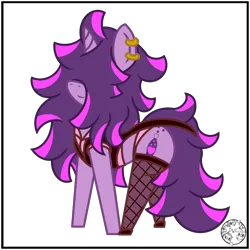 Size: 2000x2000 | Tagged: safe, artist:dice-warwick, derpibooru import, oc, oc:fizzy fusion pop, unofficial characters only, pony, unicorn, fallout equestria, bag, butt freckles, choker, clothes, ear piercing, earring, female, fishnets, freckles, hair over eyes, heart, highlights, image, jewelry, long mane, long tail, mare, messy mane, panties, piercing, pink panties, png, simple background, socks, solo, stockings, tail, thigh highs, transparent background, underwear