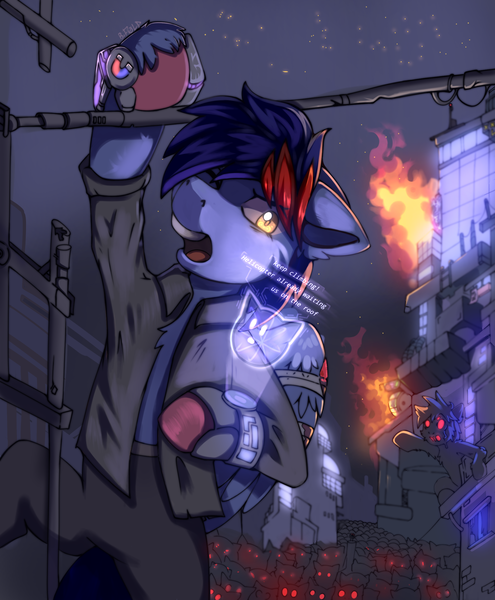 Size: 1900x2302 | Tagged: safe, artist:freak-side, derpibooru import, oc, oc:dawn chaser, unofficial characters only, pegasus, pony, undead, zombie, apocalypse, bandage, blood, building, city, climbing, clothes, colored hooves, commission, detailed background, dialogue, fire, glow, glowing eyes, hologram, horde, image, injured, injured wing, male, male oc, night, open mouth, pegasus oc, png, red eyes, stallion, stallion oc, teeth, two toned mane, wings, ych result