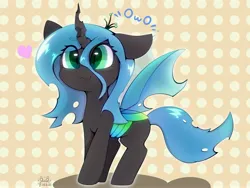 Size: 4000x3000 | Tagged: safe, artist:zokkili, derpibooru import, queen chrysalis, changeling, changeling queen, :3, abstract background, beanbrows, chibi, cute, cutealis, eye clipping through hair, eyebrows, eyebrows visible through hair, female, heart, high res, image, jpeg, looking at you, owo, signature, smiling, smiling at you, solo, wings