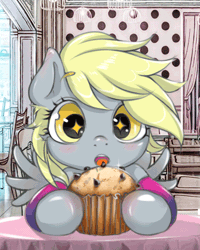 Size: 374x468 | Tagged: safe, artist:mdwines, derpibooru import, derpy hooves, ditzy doo, pegasus, pony, animated, big eyes, blush lines, blushing, bust, cafe, chibi, cute, female, feral, filly, foal, food, gif, image, muffin, open mouth, portrait, solo, sparkly eyes, wingding eyes