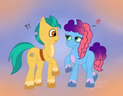 Size: 2228x1736 | Tagged: safe, artist:ismazhecat, derpibooru import, hitch trailblazer, earth pony, pony, unicorn, g5, blushing, female, image, looking at each other, looking at someone, male, mare, misty brightdawn, mistyhitch, png, raised hoof, rebirth misty, shipping, stallion, straight, unshorn fetlocks