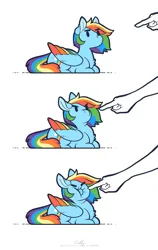 Size: 4288x6789 | Tagged: safe, artist:evehly, derpibooru import, rainbow dash, human, pegasus, pony, behaving like a cat, boop, boop denied, chest fluff, colored wings, colored wingtips, comic, cute, dashabetes, do not want, eye clipping through hair, female, finger, floppy ears, glare, grumpy, hand, image, imminent boop, lying down, mare, multicolored wings, narrowed eyes, non-consensual booping, offscreen character, png, ponyloaf, prone, rainbow dash is best facemaker, rainbow wings, recoil, scrunchy face, simple background, solo focus, wat, white background, wing fluff, wings