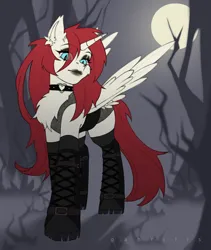 Size: 1236x1462 | Tagged: safe, artist:gabrilis, derpibooru import, oc, oc:rosiesquish, alicorn, pony, black lipstick, chest fluff, choker, clothes, forest, full moon, heart, image, lipstick, makeup, moon, png, red hair, solo, tree, wide eyes