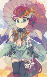 Size: 2300x3739 | Tagged: safe, artist:saxopi, derpibooru import, zipp storm, pegasus, semi-anthro, g5, belly button, bipedal, bowtie, clothes, female, flower, flower in hair, image, jpeg, looking at you, socks, solo, thigh highs, umbrella