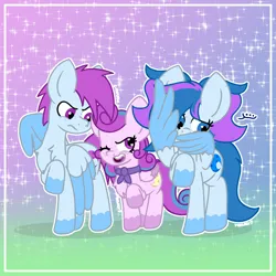 Size: 2740x2740 | Tagged: safe, artist:yoshter7, derpibooru import, oc, oc:callisto lightshine, oc:luna lightshine, oc:moon lightshine, unofficial characters only, pegasus, pony, abstract background, big ears, blue eyes, blue mane, circle eyes, clothes, colored, colored wings, female, filly, foal, frame, gradient background, heart, heart eyes, image, love, lunar tails, male, mare, outline, pegasus oc, png, purple eyes, purple mane, purple pony, shy, shy mare, signature, sparkles, spread wings, stallion, two toned mane, two toned wings, white outline, wingding eyes, wings