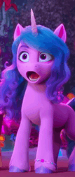 Size: 462x1080 | Tagged: safe, derpibooru import, edit, edited screencap, screencap, izzy moonbow, pony, unicorn, g5, my little pony: make your mark, spoiler:g5, spoiler:my little pony: make your mark, spoiler:my little pony: make your mark chapter 4, spoiler:mymc04e01, animated, bracelet, bridlewoodstock (make your mark), female, gif, image, jewelry, mare, my little pony: make your mark chapter 4, open mouth, wide eyes