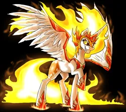 Size: 3834x3408 | Tagged: safe, artist:not-ordinary-pony, derpibooru import, daybreaker, alicorn, pony, armor, black background, crown, derpibooru exclusive, female, glow, glowing eyes, high res, hoof shoes, image, jewelry, mane of fire, mare, peytral, png, regalia, simple background, smiling, solo, sternocleidomastoid