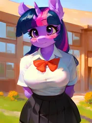 Size: 1536x2048 | Tagged: safe, derpibooru import, machine learning generated, twilight sparkle, anthro, unicorn, ai content, big breasts, blushing, breasts, closed mouth, clothes, ear fluff, female, generator:pony diffusion v5, horn, image, looking at you, png, purple eyes, school uniform, skirt, solo, standing, white shirt