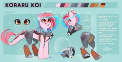 Size: 3534x1791 | Tagged: safe, artist:rexyseven, derpibooru import, oc, oc:koraru koi, unofficial characters only, merpony, female, image, png, reference sheet, smiling, solo