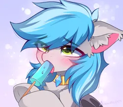 Size: 2177x1878 | Tagged: safe, artist:airiniblock, derpibooru import, oc, oc:bow-black, unofficial characters only, bat pony, pony, bat pony oc, bat wings, blushing, collar, drool, ear fluff, eating, food, icon, image, patreon, patreon reward, png, popsicle, rcf community, solo, suggestive eating, wings